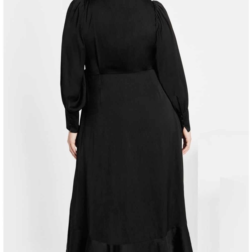 Elegant Black Matte Satin Flowing Ruffle Hem Balloon Sleeve True Wrap Dress - Picture 3 of 8